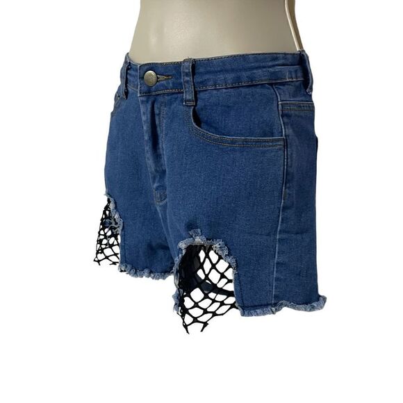 Banjul Women’s Blue Jean Shorts with Black Stocking Cut Outs Size Small - Picture 3 of 15